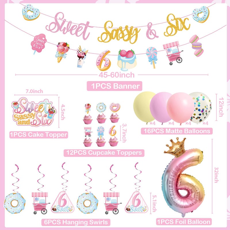 JUYRLE Sweet Sassy and Six Birthday Decorations for Girls - 6th Birthday With Donut Banner  Cake Topper  Foil Balloon for Ice Cream Party - Image 3